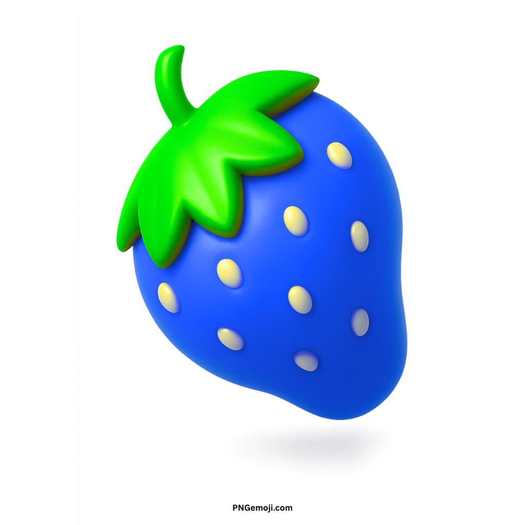 3D rendered blue strawberry emoji with green stem and white seeds.