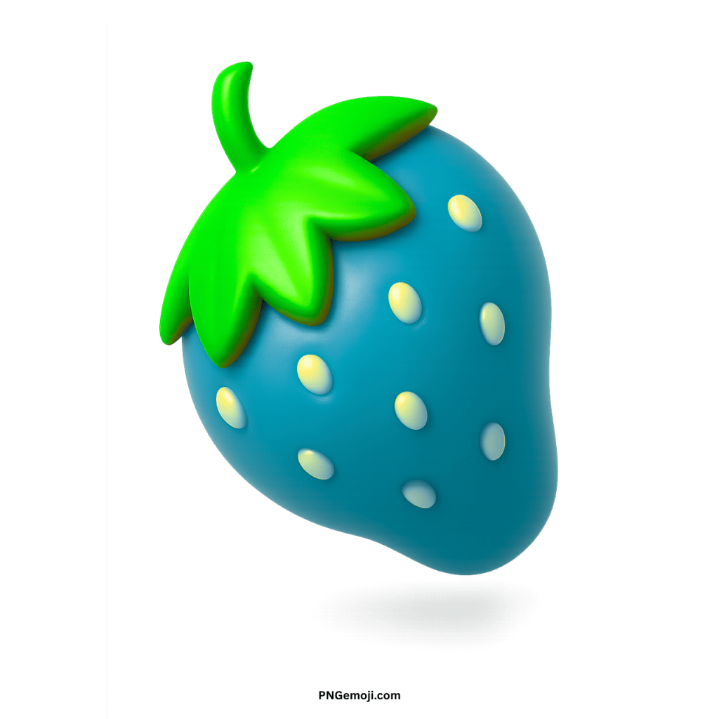  3D blue strawberry emoji with green stem and yellow seeds on a dark background.