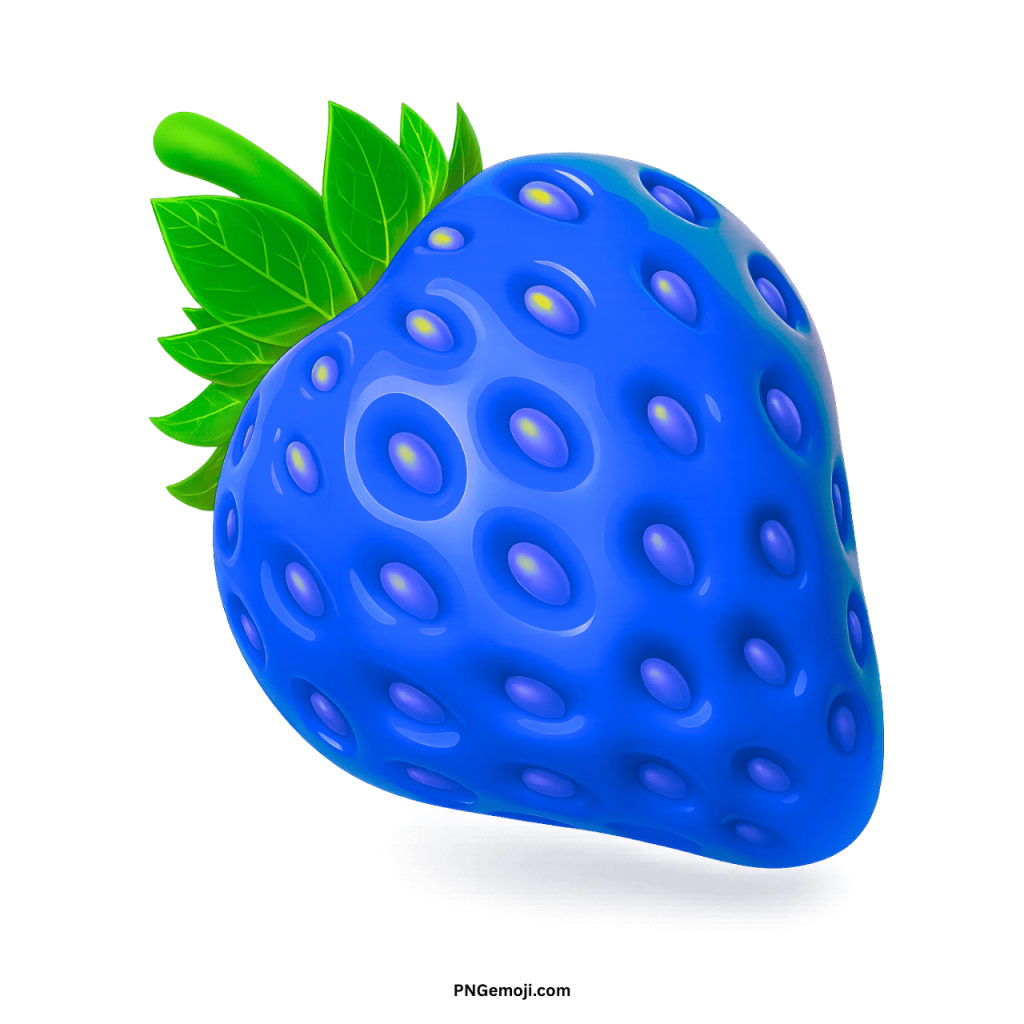 Glossy blue strawberry with green leaves on a black background, a unique digital fruit illustration.