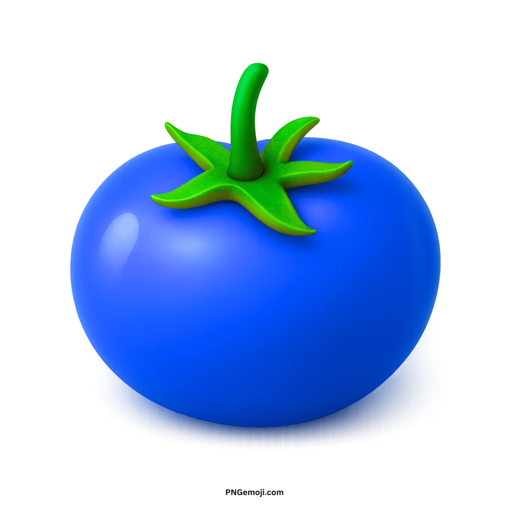 Blue tomato emoji icon with green stem, digital fruit illustration in PNG format