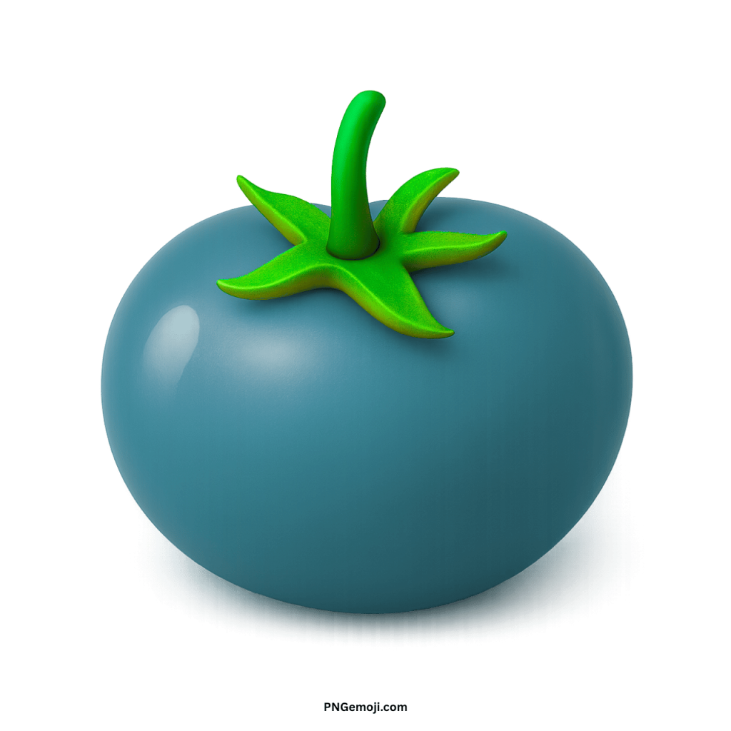 Blue tomato emoji icon with green stem, fresh vegetable fruit symbol for digital messaging