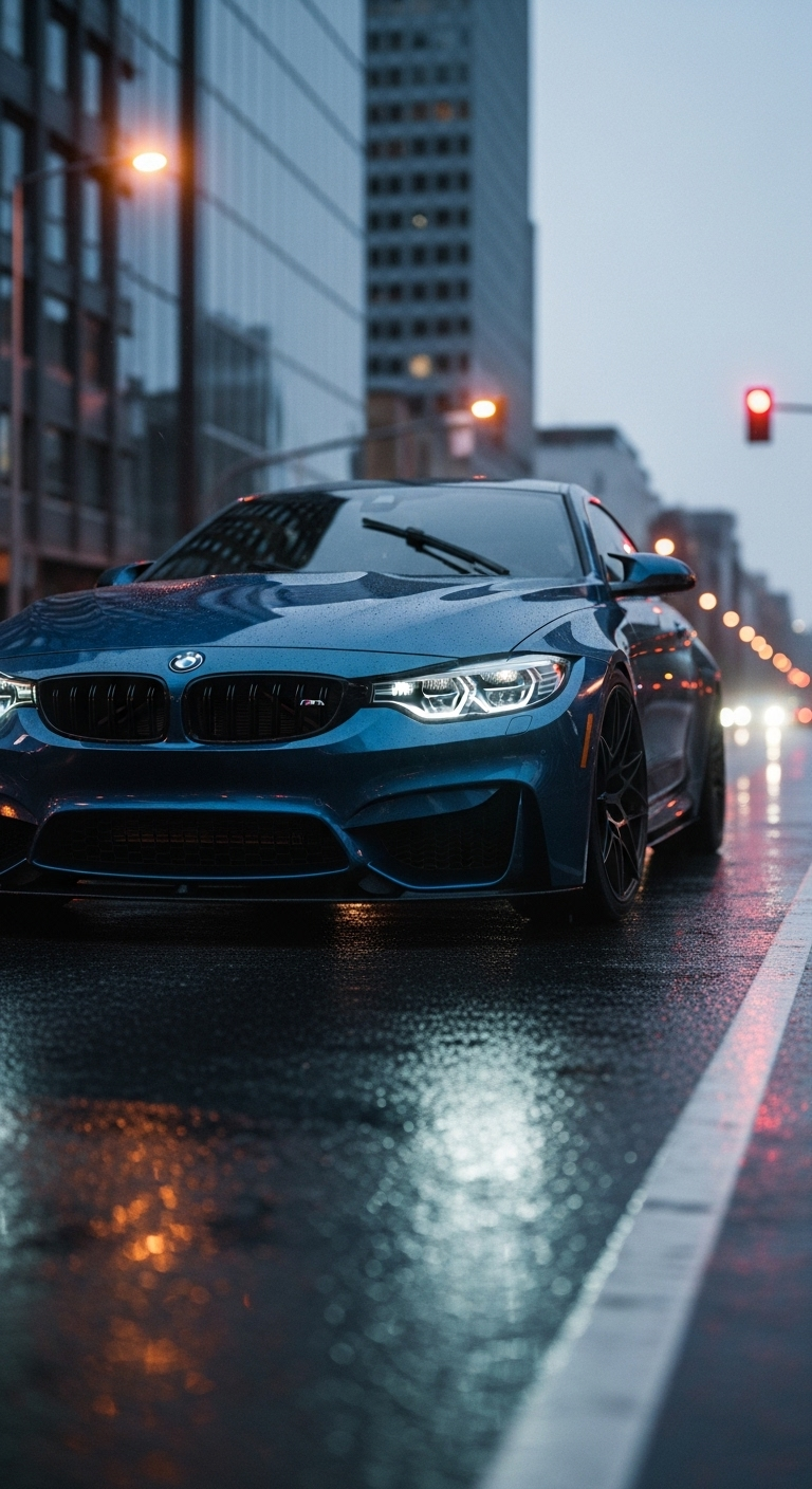 Blue BMW M4 sports car on wet city street with night lights wallpaper