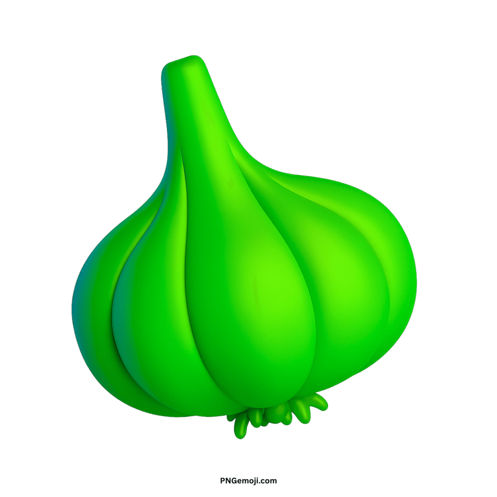 A vibrant green 3D rendered garlic emoji with a glossy finish on a black background.