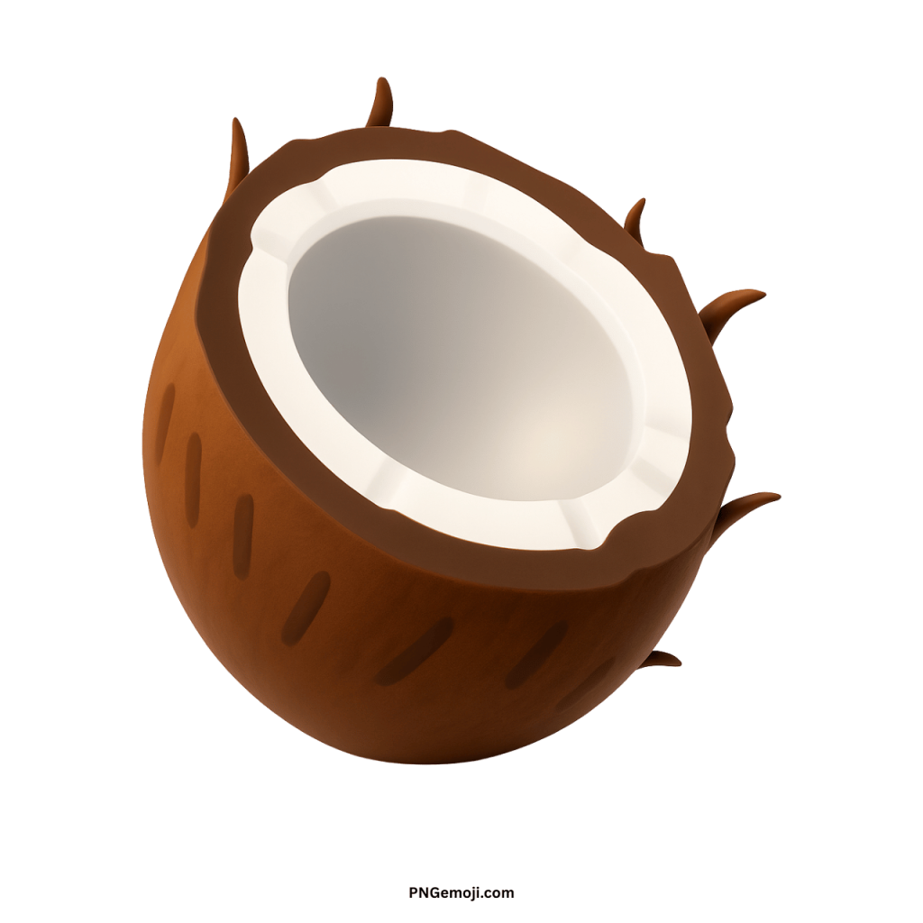 Brown coconut emoji PNG half shell tropical fruit icon with white inner edible flesh