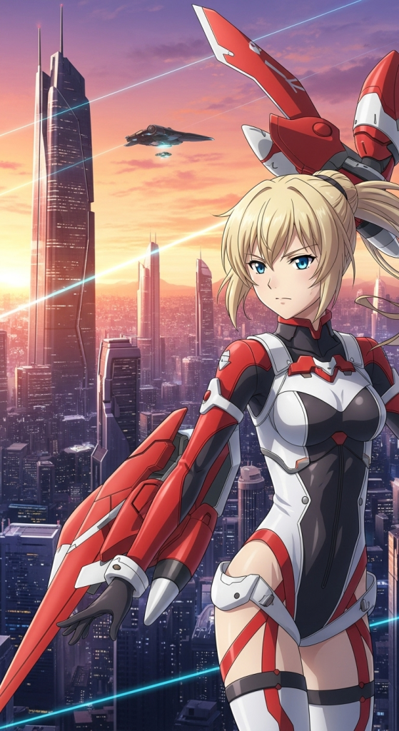 Charlotte Dunois Infinite Stratos anime wallpaper in futuristic city with sunset and battle gear
