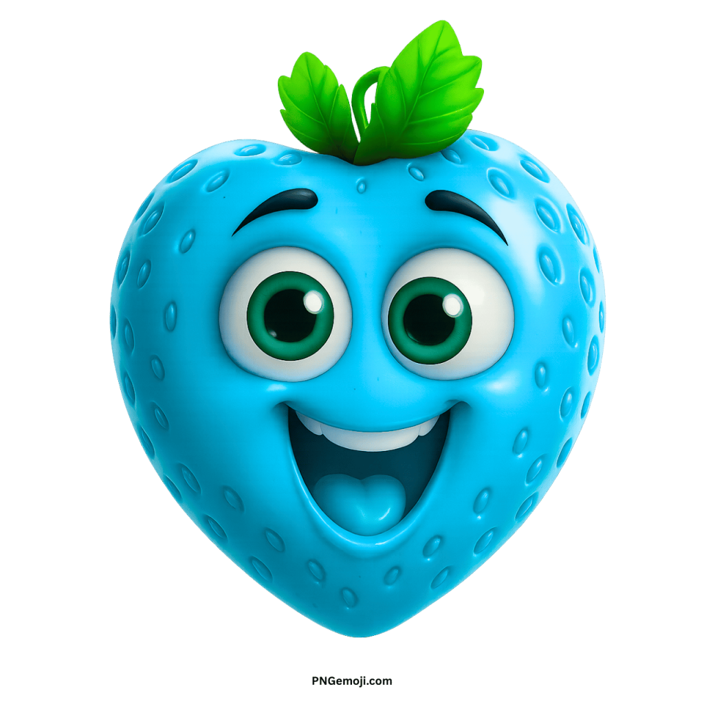 A happy sky-blue heart-shaped cartoon strawberry with big green eyes and a wide smile.