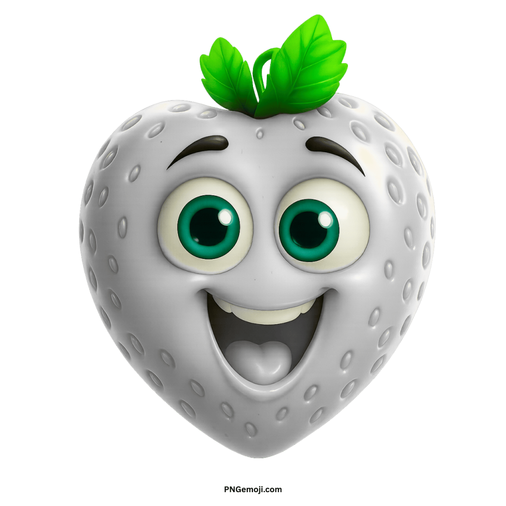  A happy, white, heart-shaped cartoon strawberry with big green eyes and a wide smile.