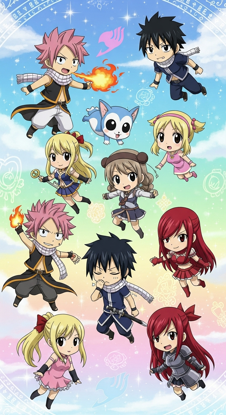Chibi Fairy Tail wallpaper featuring cute Natsu, Lucy, Gray, Erza and friends in anime style