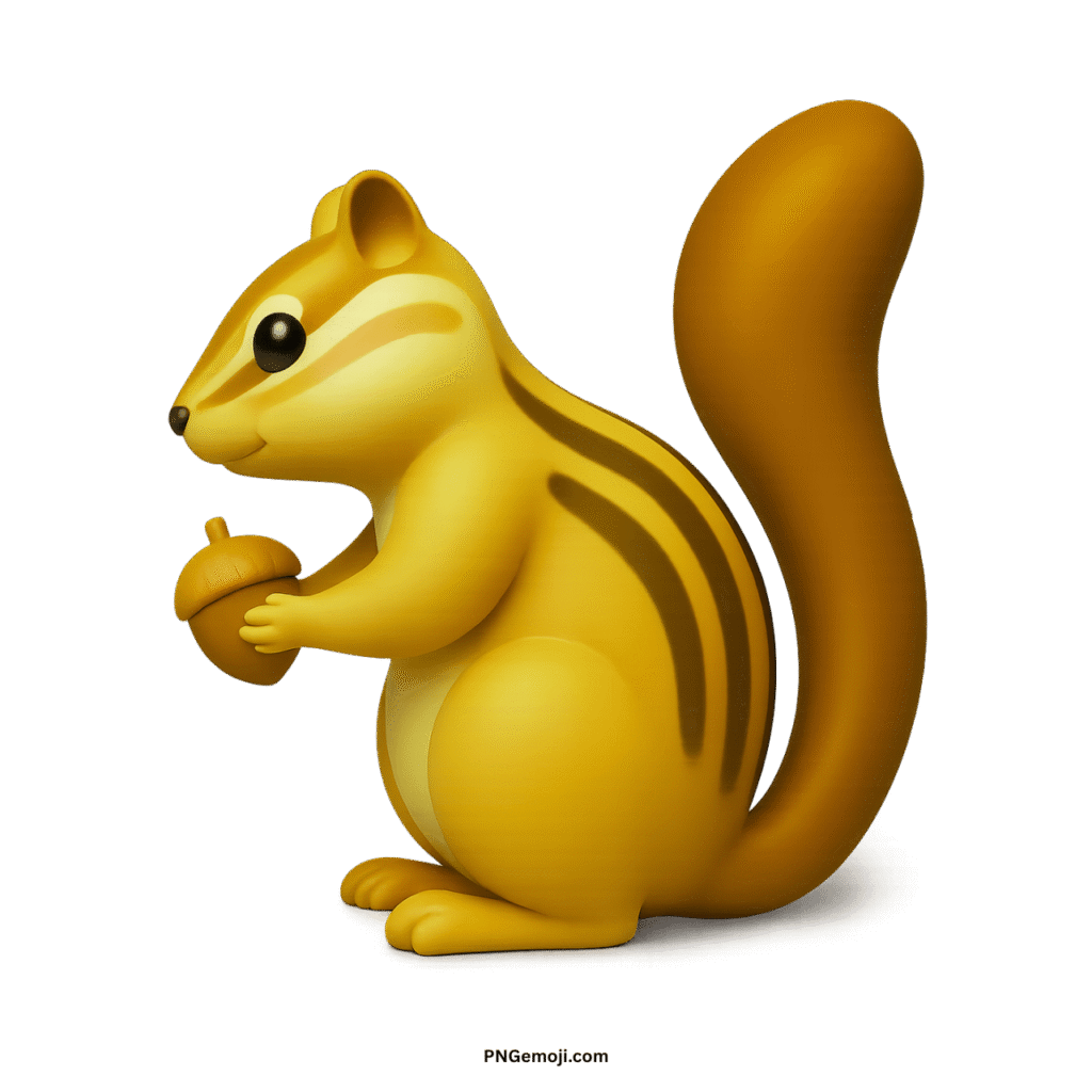 A charming golden yellow 3D chipmunk emoji holding an acorn, with brown stripes, on a black background.