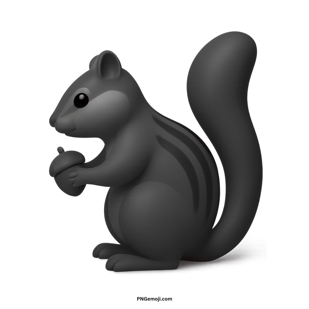  A cute dark gray 3D chipmunk emoji holding an acorn, with darker stripes, on a black background.
