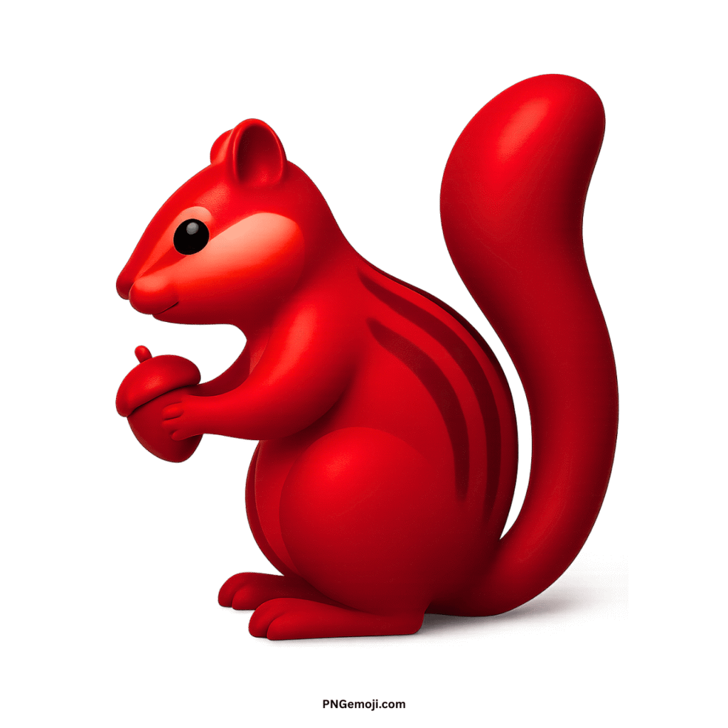 A bold red 3D chipmunk emoji holding an acorn, with darker stripes, on a black background.
