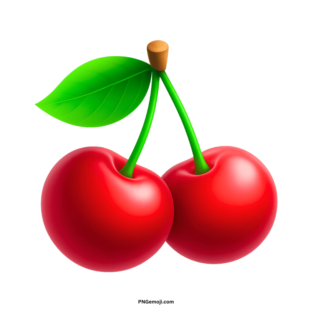 A classic pair of shiny red cherries with green stems and a leaf emoji.