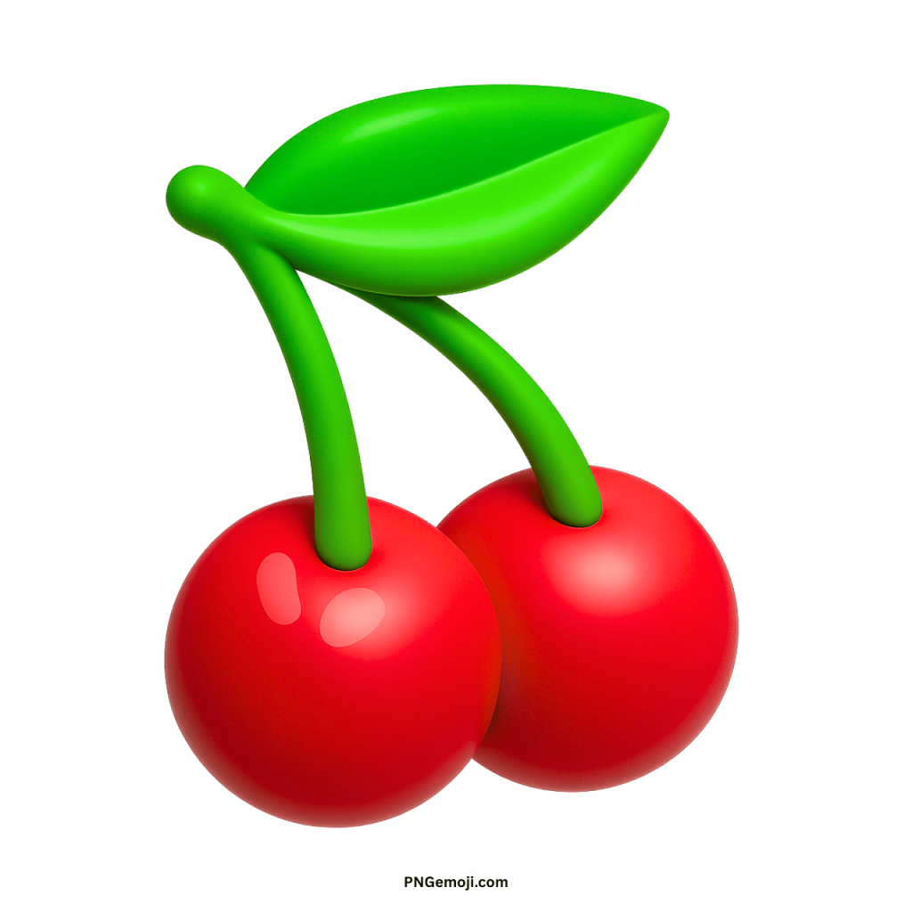 A glossy red cherry emoji with bright green leaves on a muted green background.