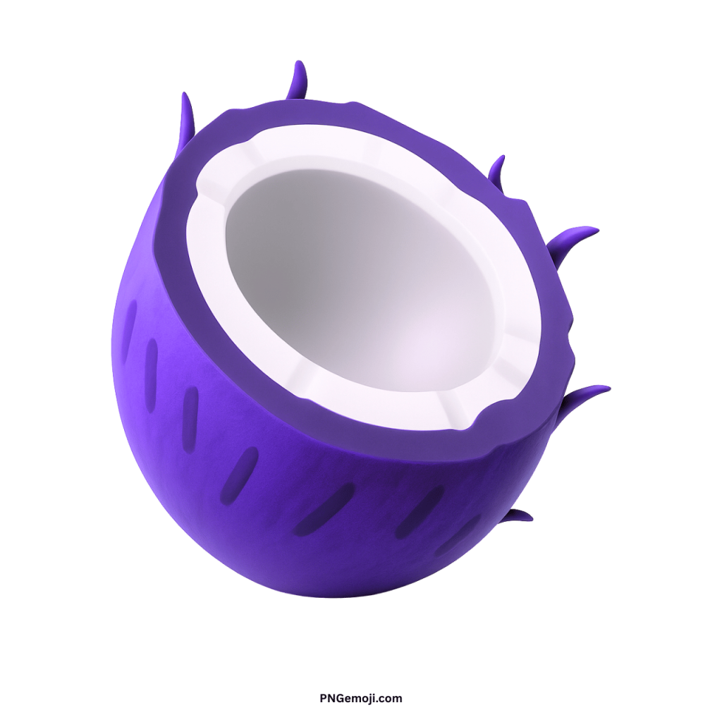 Deep purple coconut emoji half-shell with white interior tropical exotic fruit illustration