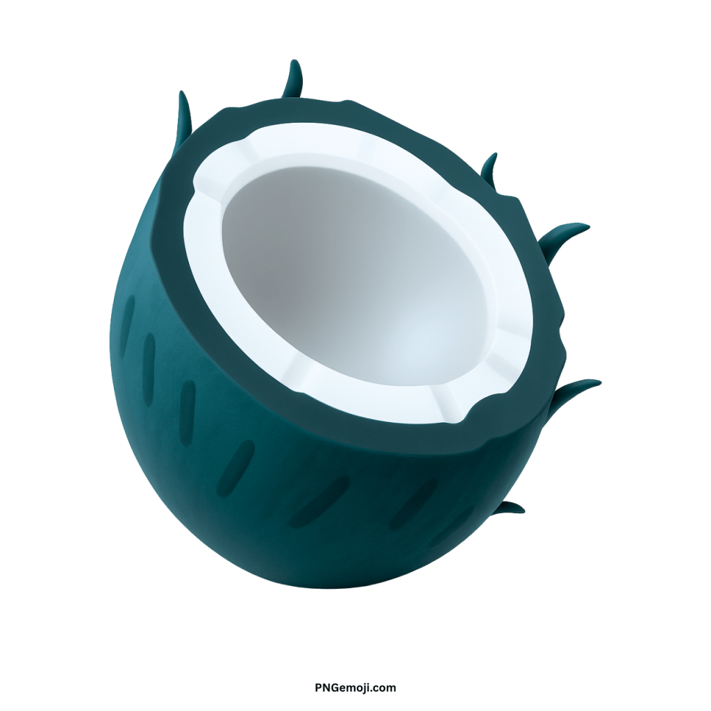 Teal coconut emoji half-shell with white inside tropical exotic fruit design illustration