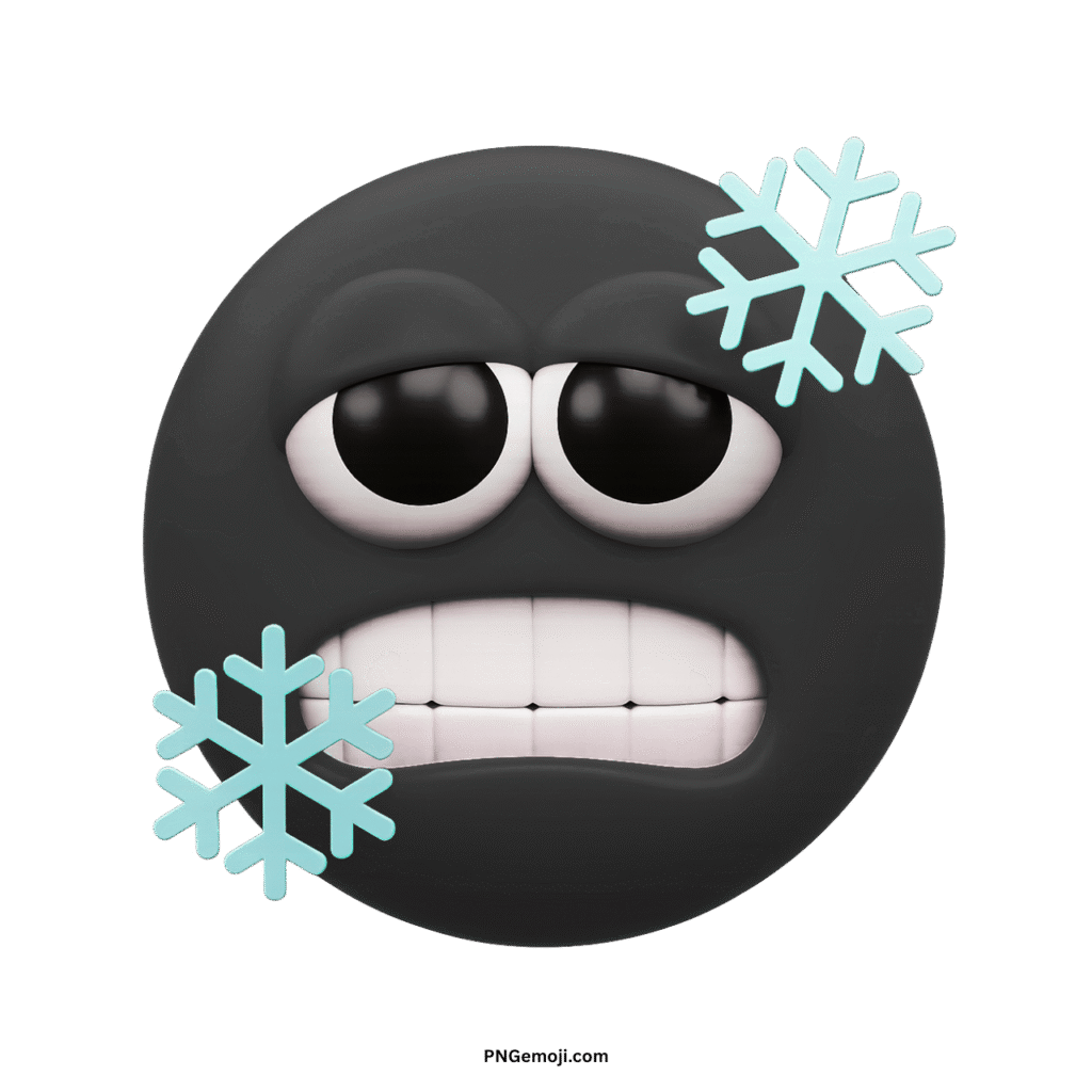 A black 3D cold emoji shivering with chattering teeth, surrounded by icy blue snowflakes, transparent background.