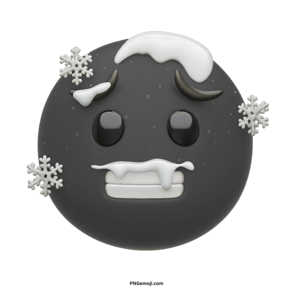  A black vector cold emoji covered in snow and ice, with chattering teeth, conveying extreme cold.