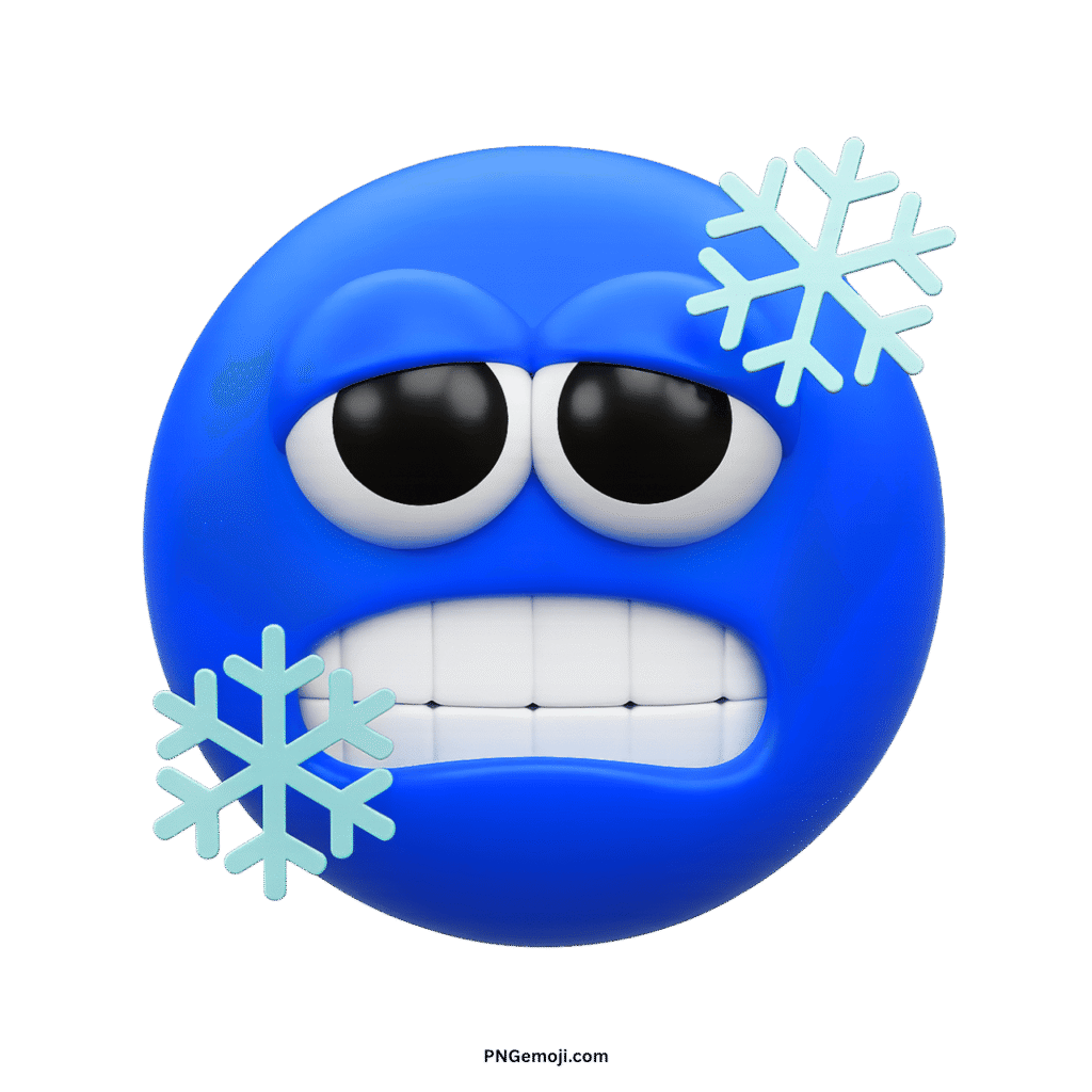 A blue 3D cold emoji shivering with chattering teeth, surrounded by icy blue snowflakes, transparent background.