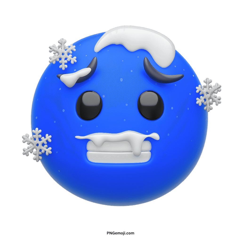 A blue vector cold emoji covered in snow and ice, with chattering teeth, conveying extreme cold.