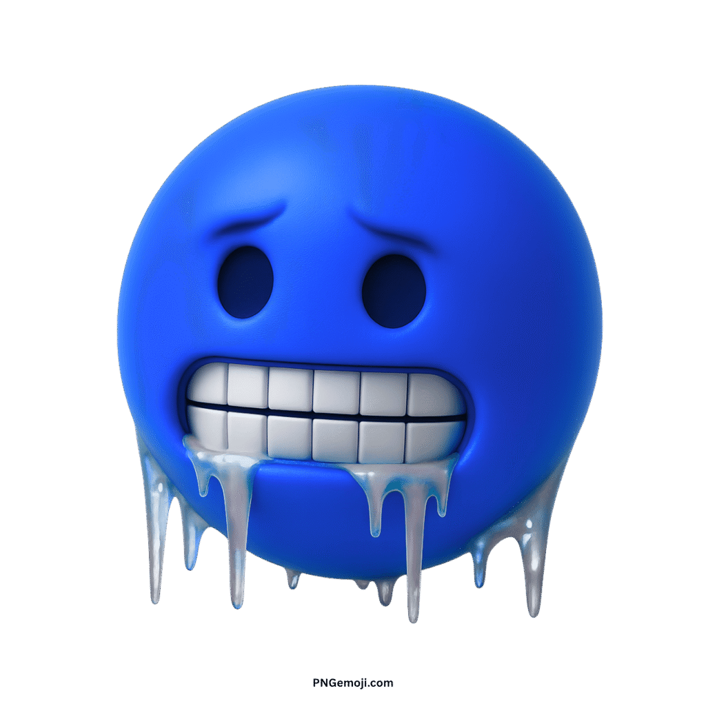 Blue cold face emoji shivering with chattering teeth and icicles, representing extreme cold.