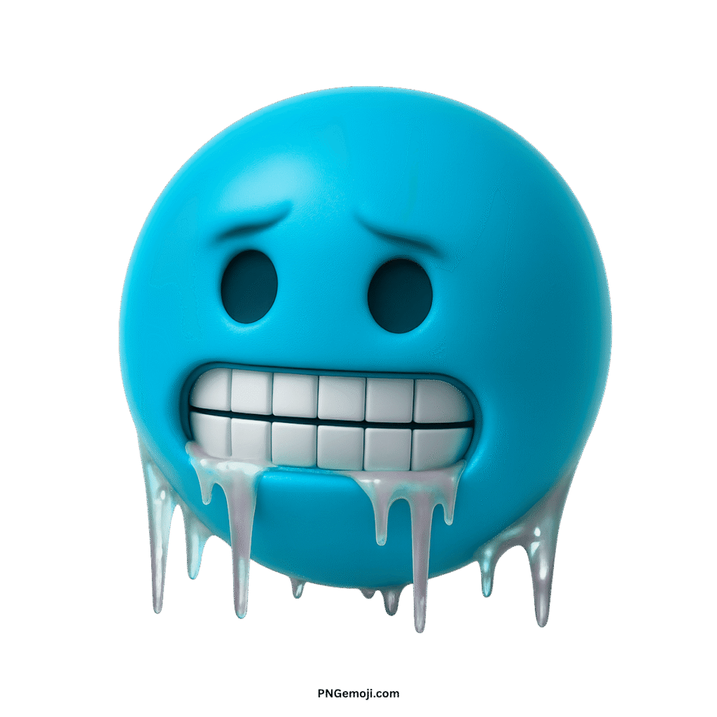  Cyan cold face emoji shivering with chattering teeth and icicles, representing extreme cold.