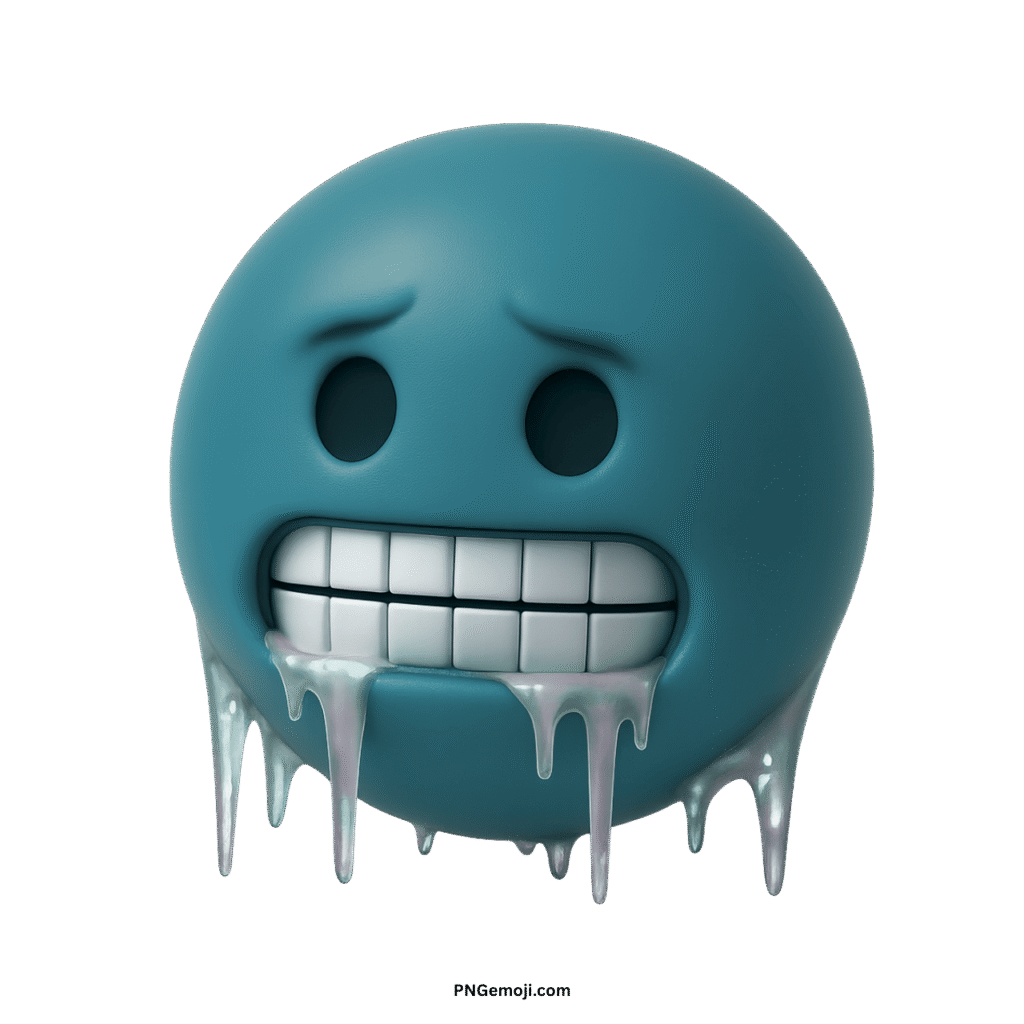 Dark cyan cold face emoji shivering with chattering teeth and icicles, representing extreme cold.