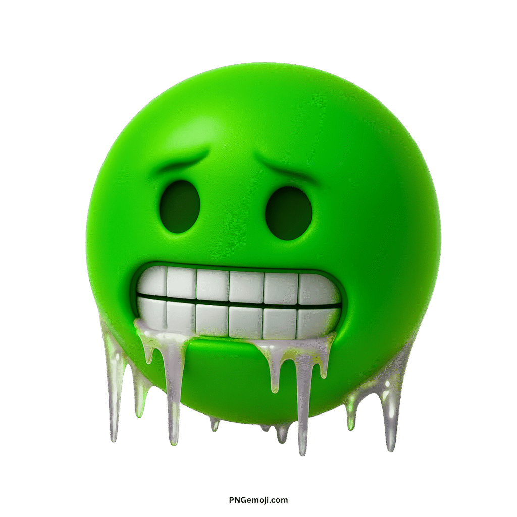  Green cold face emoji shivering with chattering teeth and icicles, representing extreme cold.