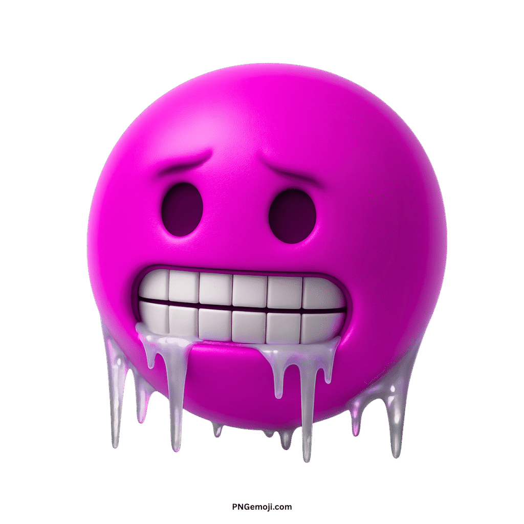 Magenta cold face emoji shivering with chattering teeth and icicles, representing extreme cold.