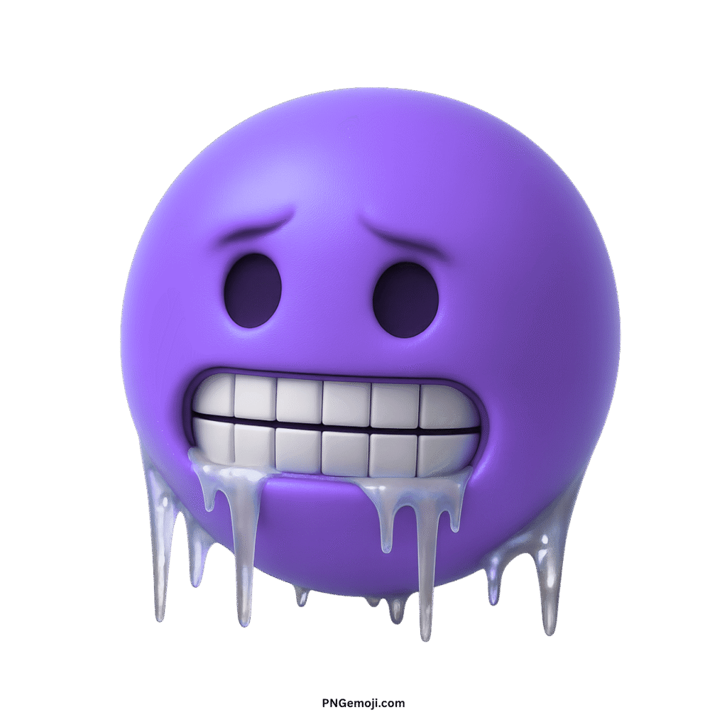 Purple cold face emoji shivering with chattering teeth and icicles, representing extreme cold.
