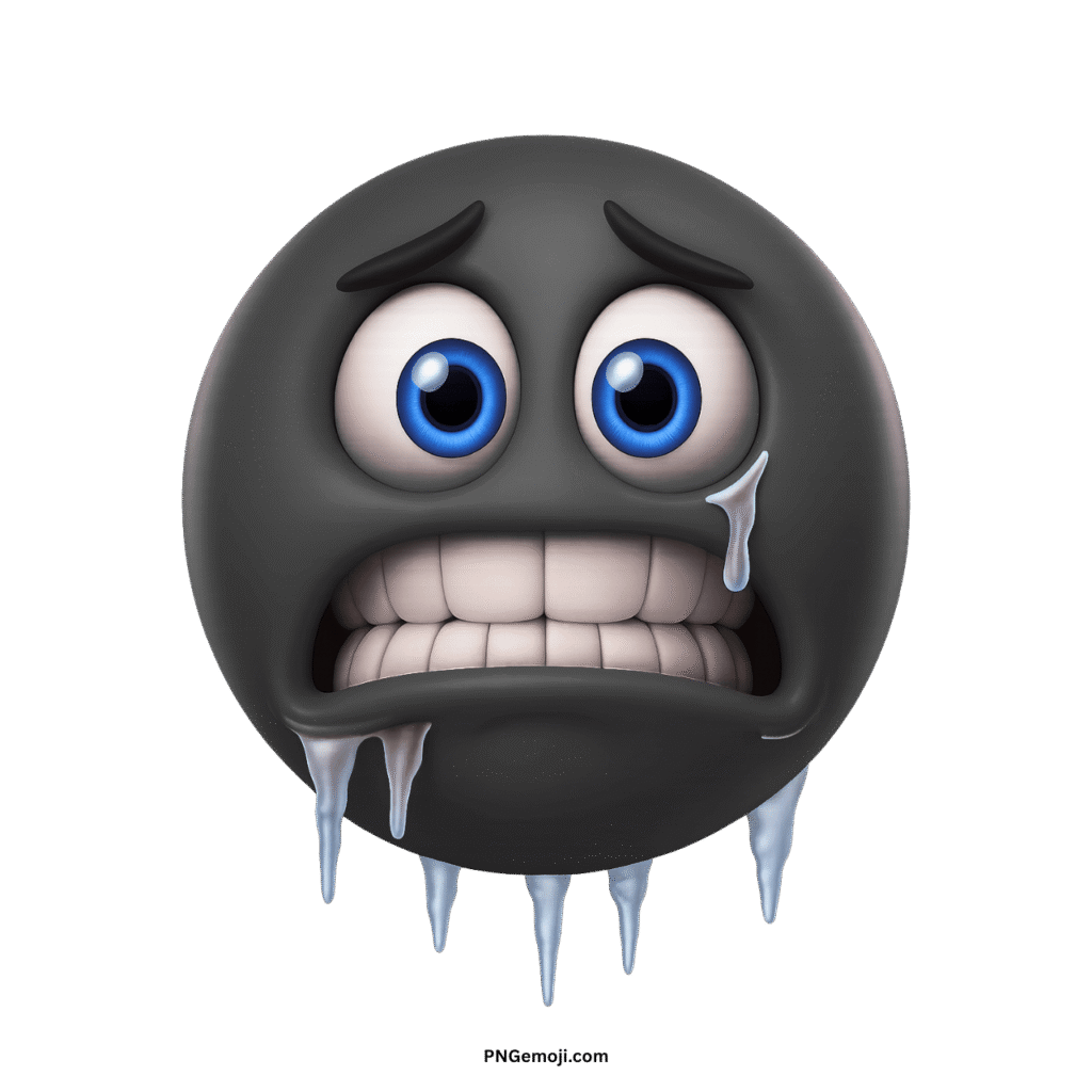 A black, freezing emoji with bright blue eyes, icicles, and chattering teeth, conveying extreme cold.