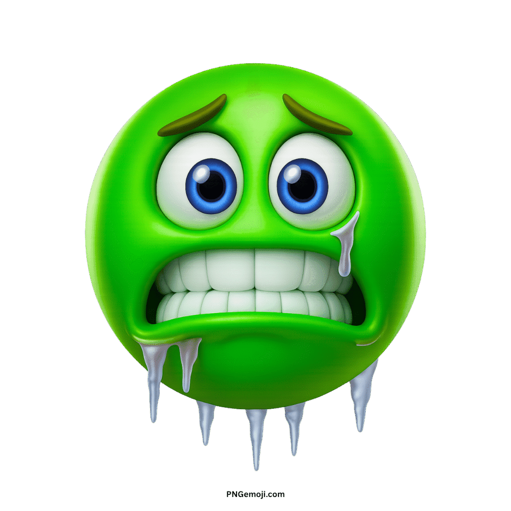 A green, freezing emoji with bright blue eyes, icicles, and chattering teeth, conveying extreme cold.