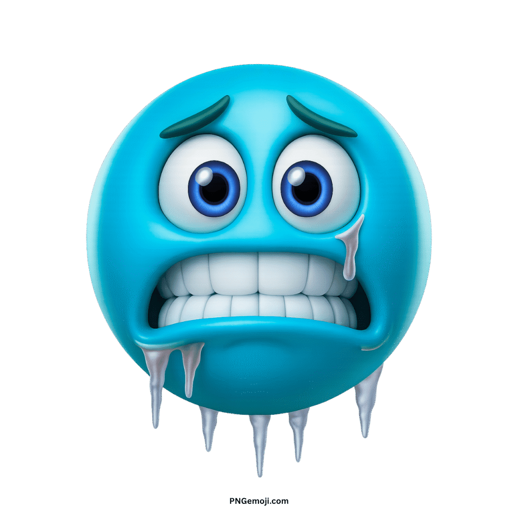 A light blue, freezing emoji with bright blue eyes, icicles, and chattering teeth, conveying extreme cold.