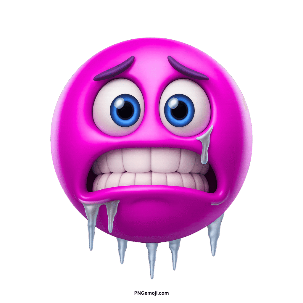  A vibrant pink, freezing emoji with bright blue eyes, icicles, and chattering teeth, conveying extreme cold.