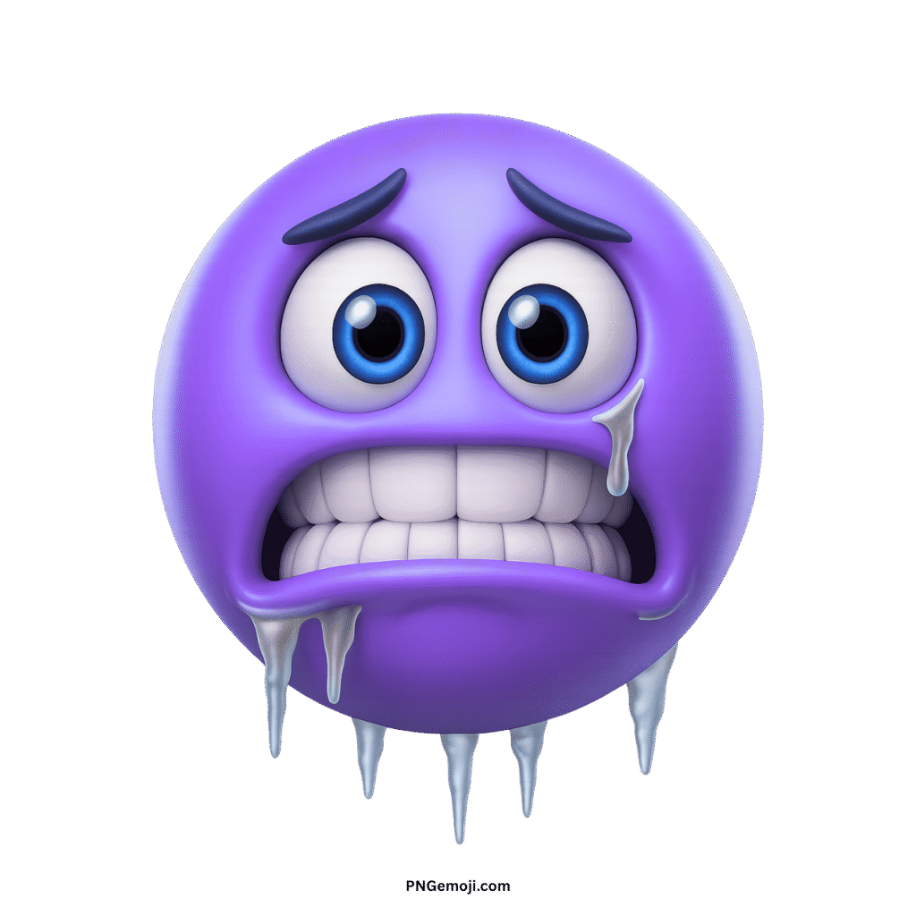 A vibrant purple, freezing emoji with bright blue eyes, icicles, and chattering teeth, conveying extreme cold.
