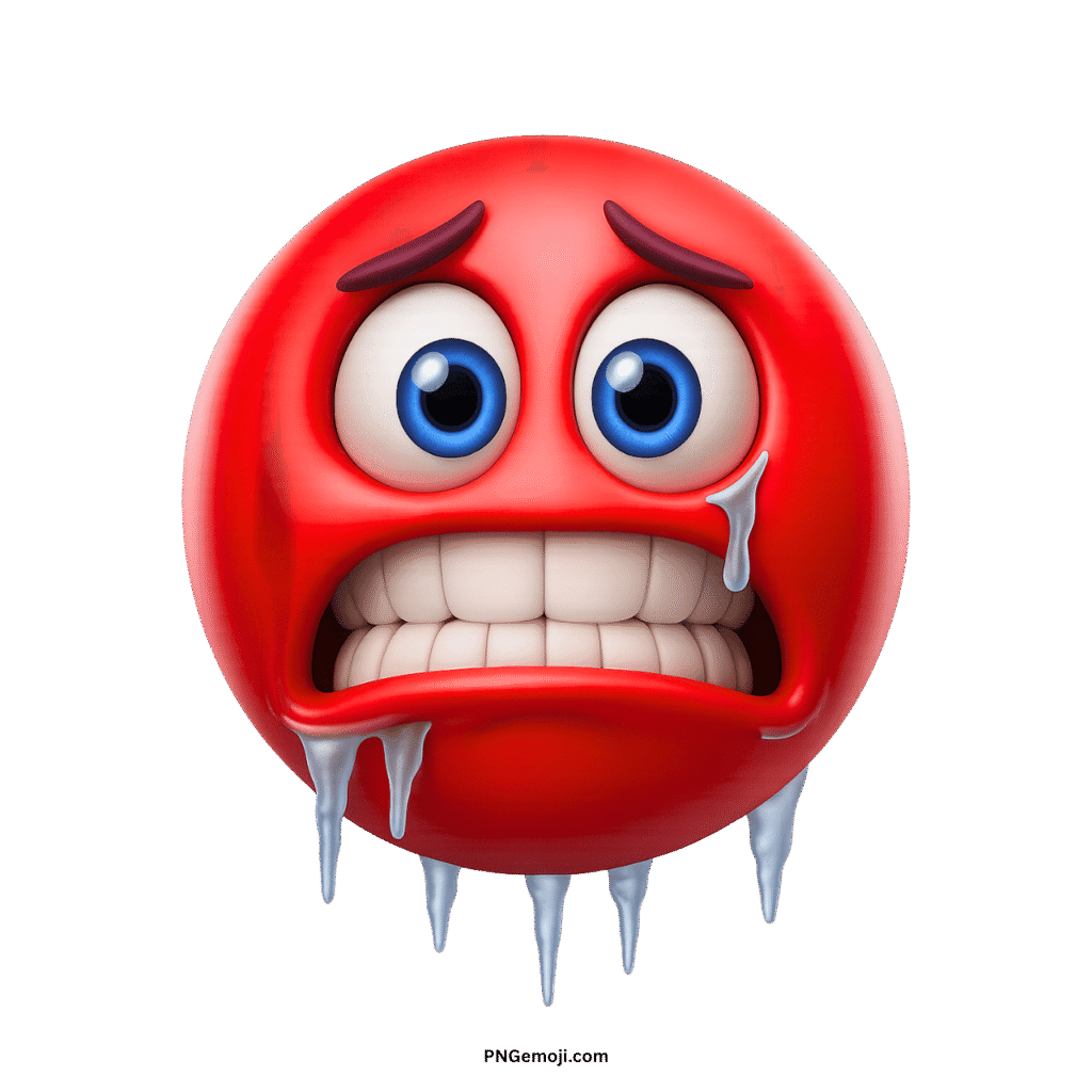 A red, freezing emoji with bright blue eyes, icicles, and chattering teeth, conveying extreme cold.