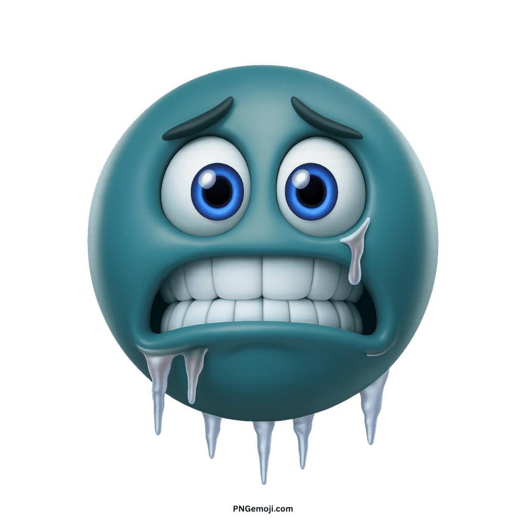  A vibrant teal, freezing emoji with bright blue eyes, icicles, and chattering teeth, conveying extreme cold.
