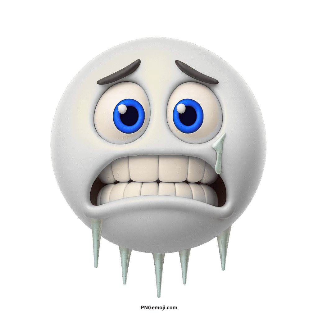  A white, freezing emoji with bright blue eyes, icicles, and chattering teeth, conveying extreme cold.