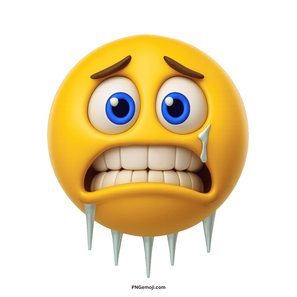 A classic yellow, freezing emoji with bright blue eyes, icicles, chattering teeth, conveying extreme cold.