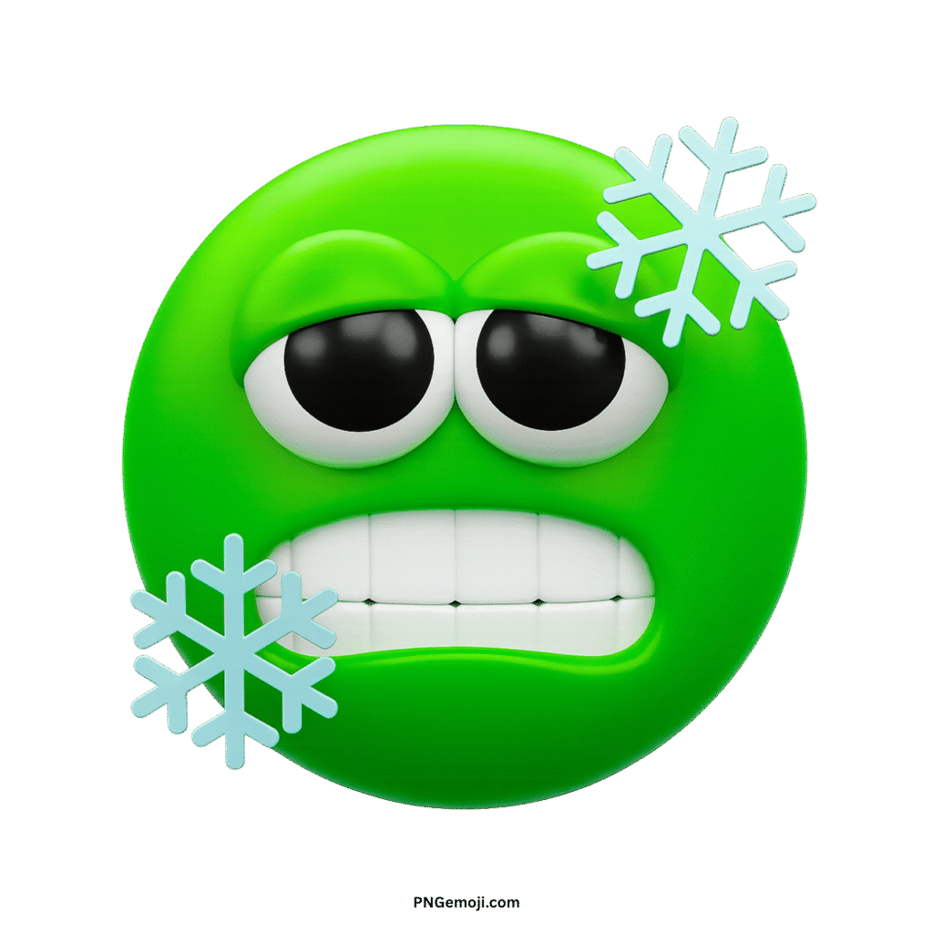 A green 3D cold emoji shivering with chattering teeth, surrounded by icy blue snowflakes, transparent background.
