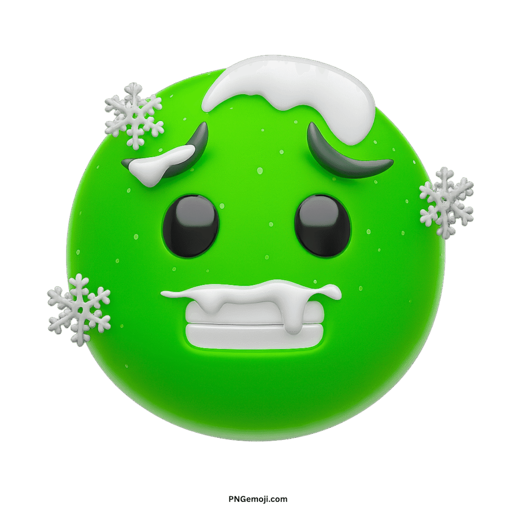  A green vector cold emoji covered in snow and ice, with chattering teeth, conveying extreme cold.