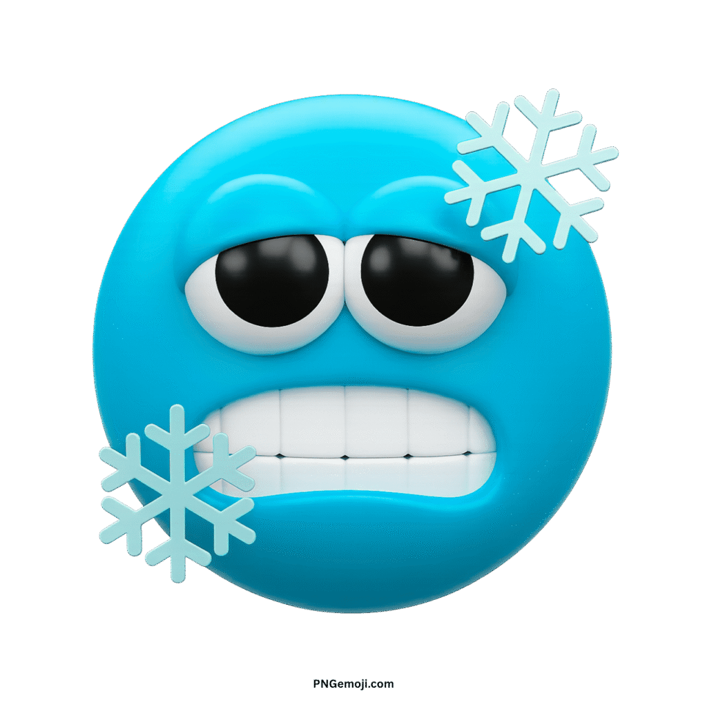  A light blue 3D cold emoji shivering with chattering teeth, surrounded by icy blue snowflakes, transparent background.