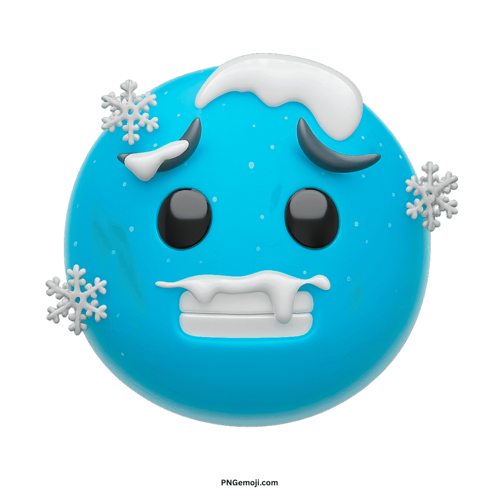 A light blue vector cold emoji covered in snow and ice, with chattering teeth, conveying extreme cold.