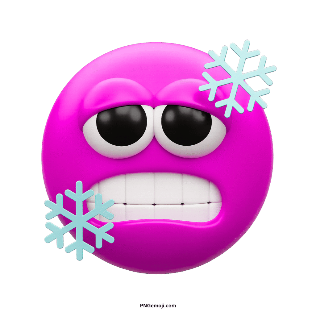 A pink 3D cold emoji shivering with chattering teeth, surrounded by icy blue snowflakes, transparent background.