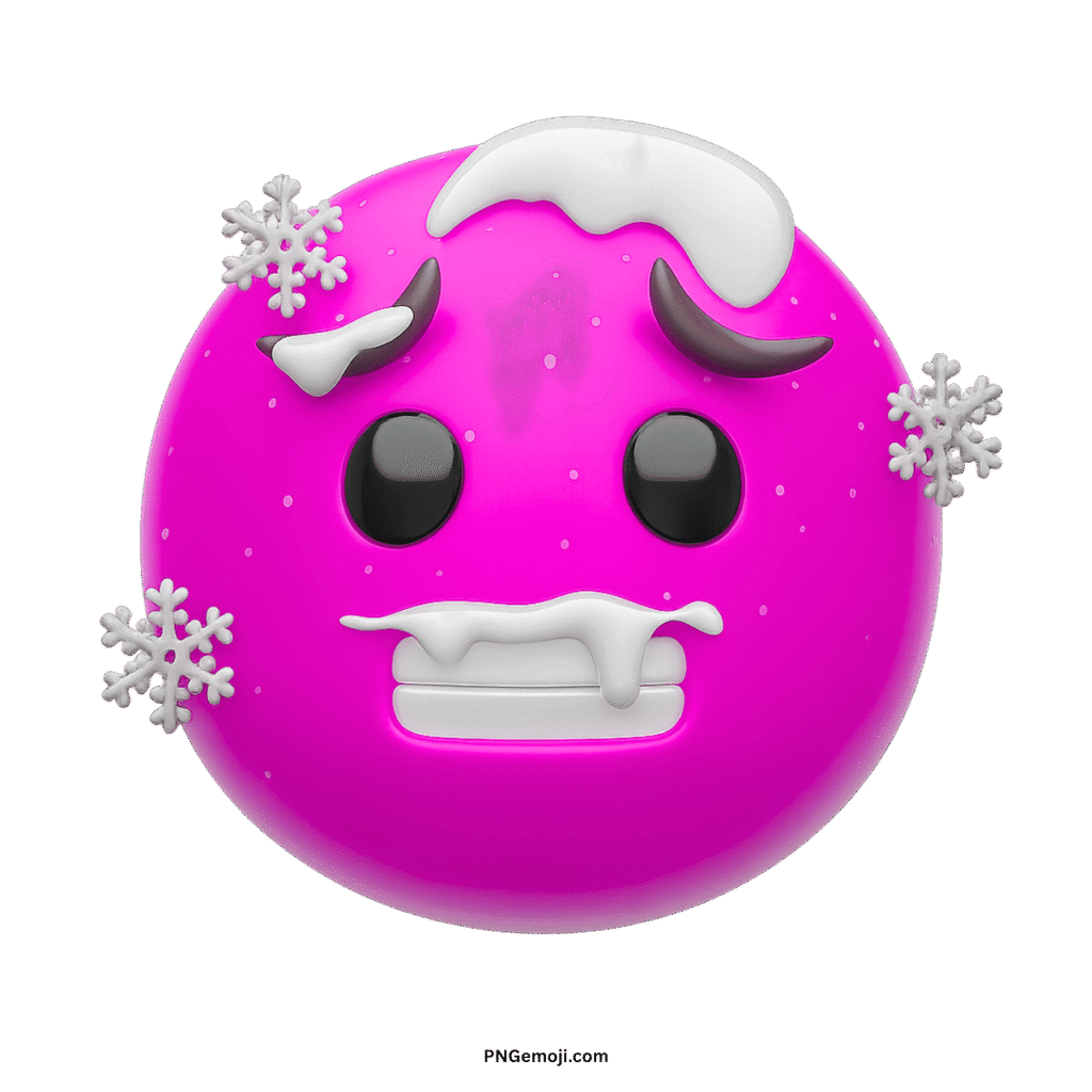  A pink vector cold emoji covered in snow and ice, with chattering teeth, conveying extreme cold.
