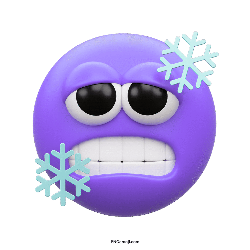  A purple 3D cold emoji shivering with chattering teeth, surrounded by icy blue snowflakes, transparent background.