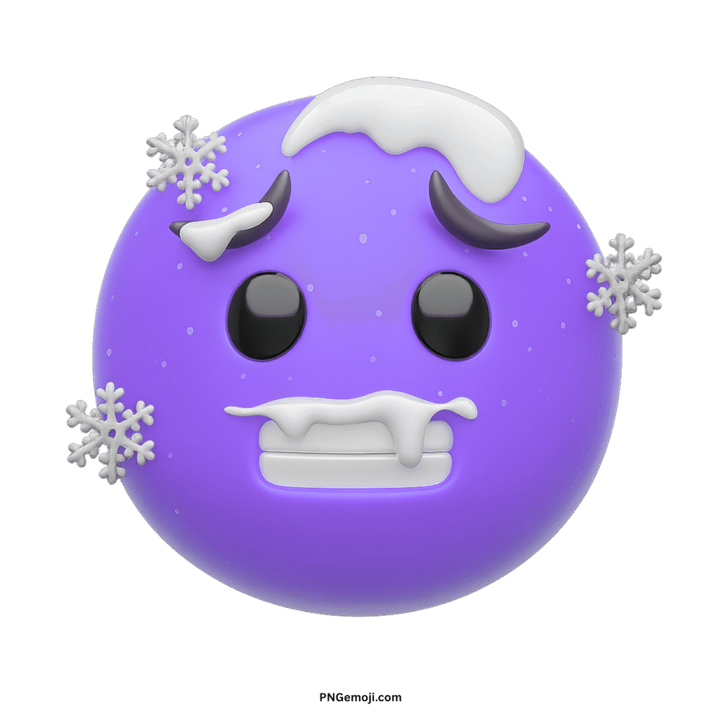 A purple vector cold emoji covered in snow and ice, with chattering teeth, conveying extreme cold.