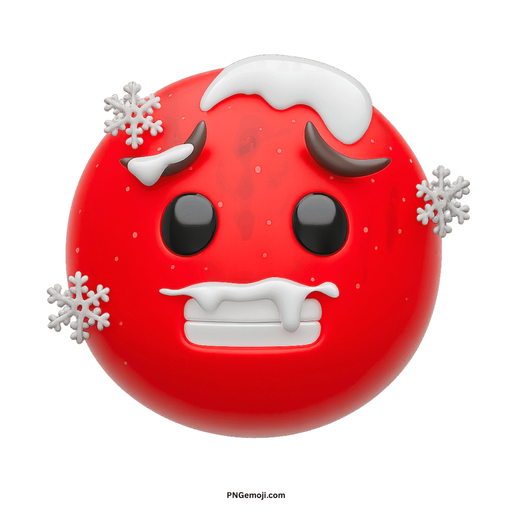  A red vector cold emoji covered in snow and ice, with chattering teeth, conveying extreme cold.
