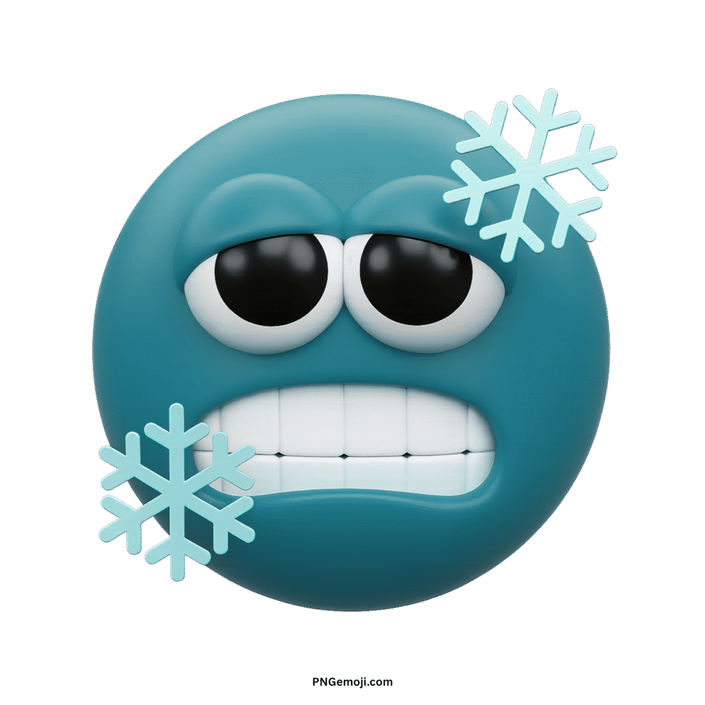 A teal 3D cold emoji shivering with chattering teeth, surrounded by icy blue snowflakes, transparent background.