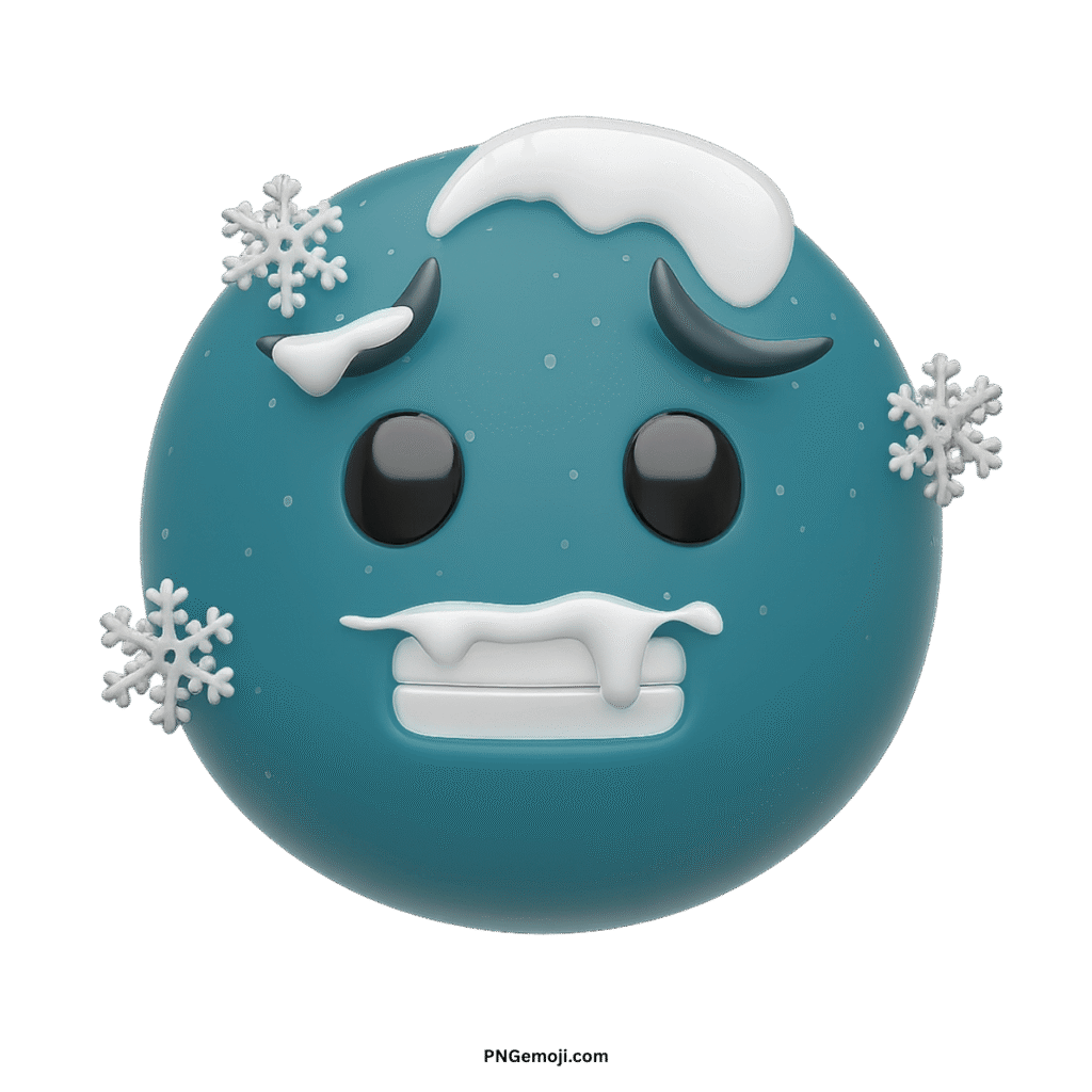  A teal vector cold emoji covered in snow and ice, with chattering teeth, conveying extreme cold.