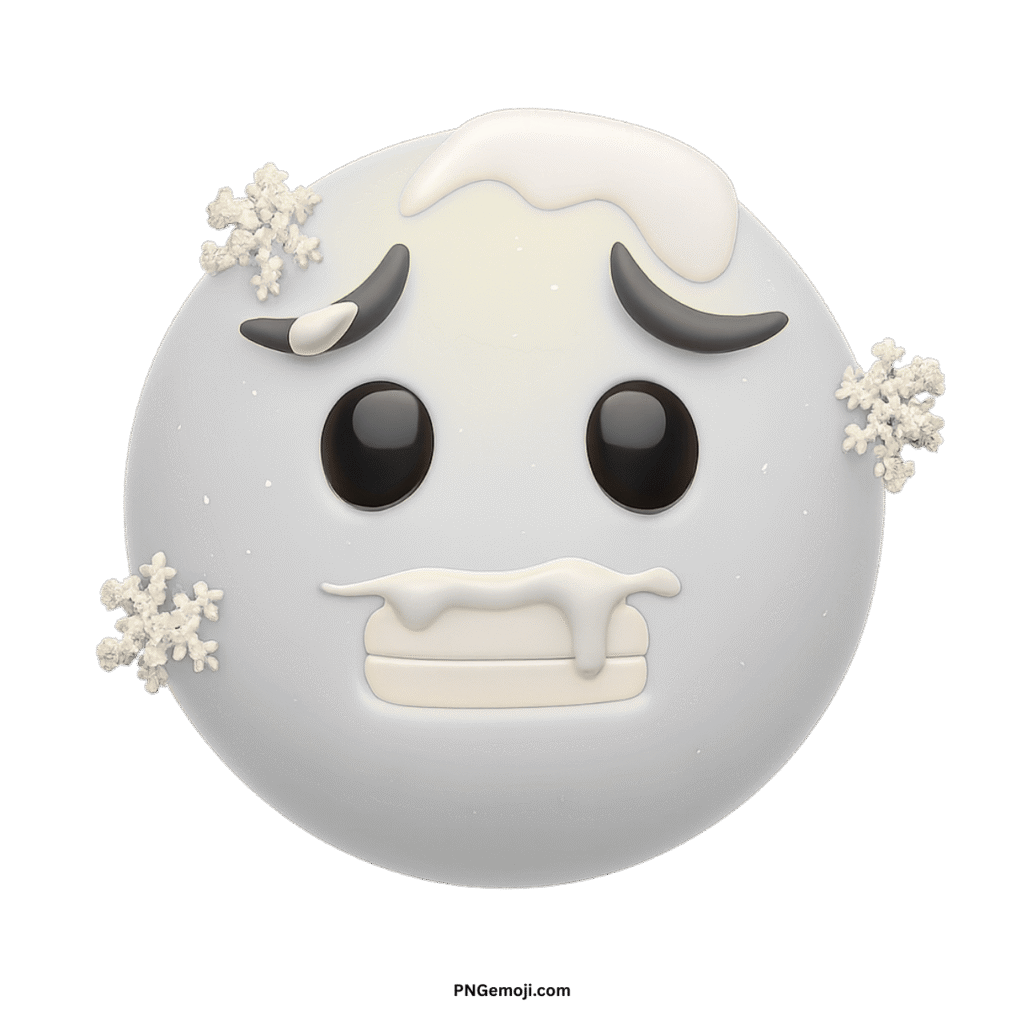  A white vector cold emoji covered in snow and ice, with chattering teeth, conveying extreme cold.